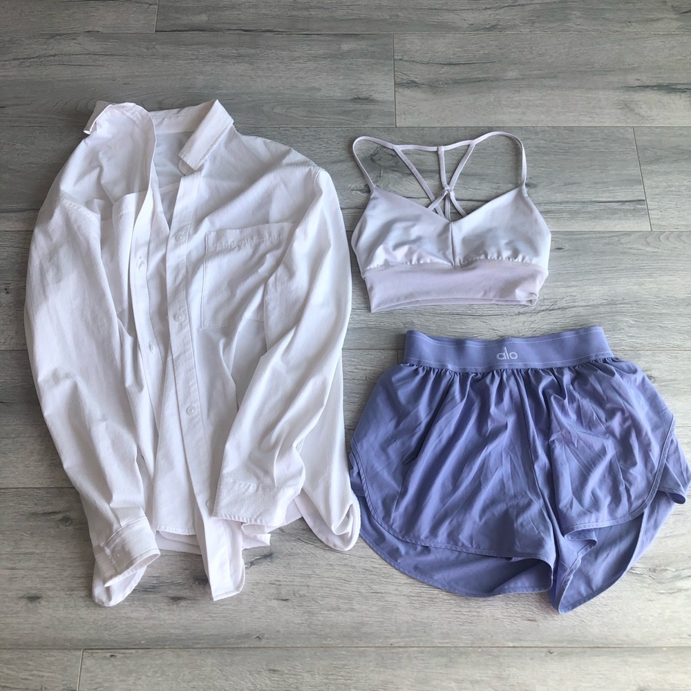 ALO Yoga White Sports Bra with Lavender Athletic Shorts and Button Up Shirt